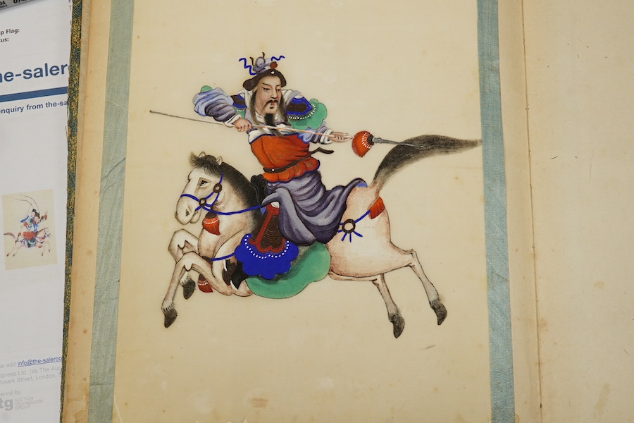 Chinese school, 19th century, an album of ten pith paintings of warriors on horseback